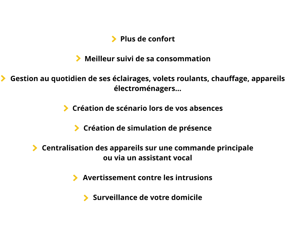 Plus de confort   Meilleur suivi de sa consommation  Gestion au quotidien de ses éclairages, volets roulants, chauffage, appareils électroménagers…  Création de scénario lors de vos absences  Création de simulation de présence  Centralisation des appareils sur une commande principale ou via un assistant vocal  Avertissement contre les intrusions  Surveillance de votre domicile
